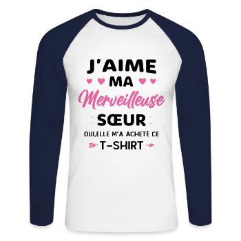Femme Amour Super Soeur Humour J'aime Ma Sœur - T-shirt baseball manches longues Homme - blanc/marine - Devant - Nik (191cm)