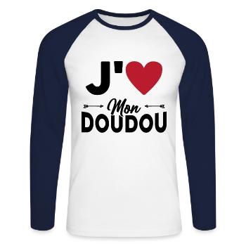 J'aime Mon Doudou Femme Amour Doudou Cadeau - T-shirt baseball manches longues Homme - blanc/marine - Devant - Nik (191cm)
