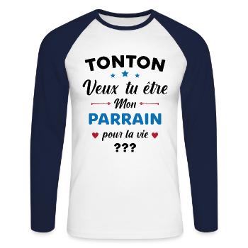 Tonton Veux tu être Mon Parrain Demande Futur Papa - T-shirt baseball manches longues Homme - blanc/marine - Devant - Nik (191cm)