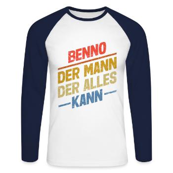Benno Der Mann Der Alles Kann Vorname Benno - Unisex Baseballshirt langarm - Weiß/Navy - Vorne - Nik (191cm)