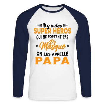 Il y a Des Super Héros On les Appelle Papa Cadeau - T-shirt baseball manches longues Homme - blanc/marine - Devant - Nik (191cm)