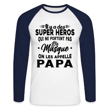 Il y a Des Super Héros On les Appelle Papa Cadeau - T-shirt baseball manches longues Homme - blanc/marine - Devant - Nik (191cm)