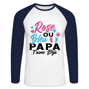 Rose ou Bleu PapaT'aime déjà Annonce Futur Papa - T-shirt baseball manches longues Homme - blanc/marine - Devant - Nik (191cm)