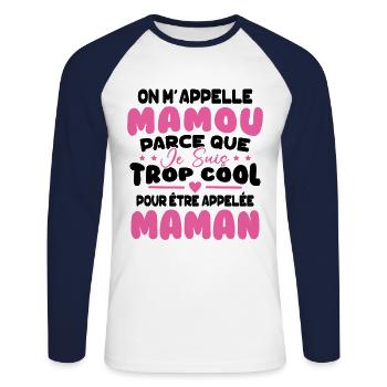 On M'appelle Mamou Parce que chui Trop Cool Maman - T-shirt baseball manches longues Homme - blanc/marine - Devant - Nik (191cm)