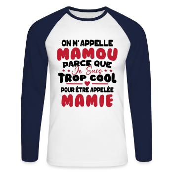 On M'appelle Mamou Parce que Chui Trop Cool Mamie - T-shirt baseball manches longues Homme - blanc/marine - Devant - Nik (191cm)