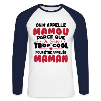 On M'appelle Mamou Parce que chui Trop Cool Maman - T-shirt baseball manches longues Homme - blanc/marine - Devant - Nik (191cm)