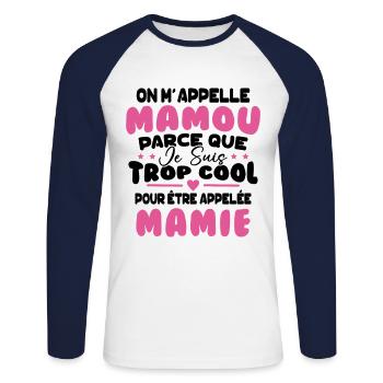 On M'appelle Mamou Parce que Chui Trop Cool Mamie - T-shirt baseball manches longues Homme - blanc/marine - Devant - Nik (191cm)