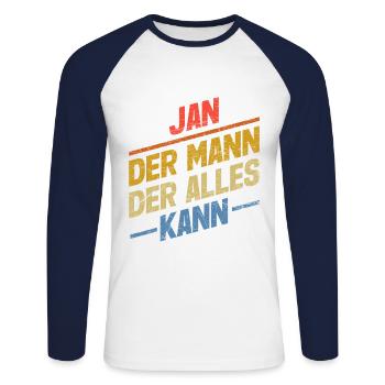 Jan Der Mann Der Alles Kann Vorname Jan - Unisex Baseballshirt langarm - Weiß/Navy - Vorne - Nik (191cm)