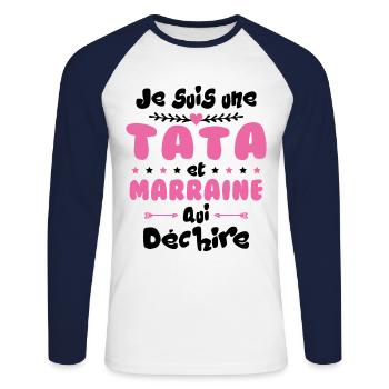 Je Suis Une Tata et Marraine Qui Déchire - T-shirt baseball manches longues Homme - blanc/marine - Devant - Nik (191cm)