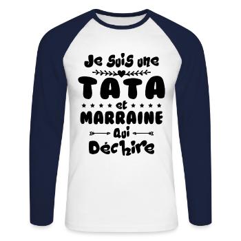 Je Suis Une Tata et Marraine Qui Déchire - T-shirt baseball manches longues Homme - blanc/marine - Devant - Nik (191cm)