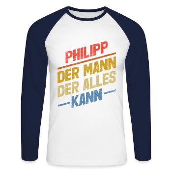 Philipp Der Mann Der Alles Kann Vorname Philipp - Unisex Baseballshirt langarm - Weiß/Navy - Vorne - Nik (191cm)