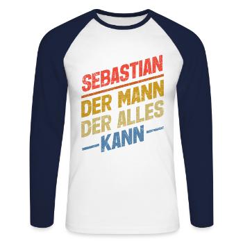 Sebastian Der Mann Der Alles Kann Name Sebastian - Unisex Baseballshirt langarm - Weiß/Navy - Vorne - Nik (191cm)