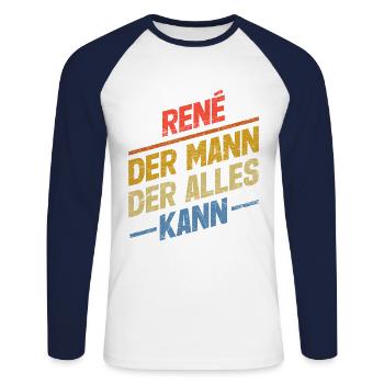 Rene Der Mann Der Alles Kann Vorname René - Unisex Baseballshirt langarm - Weiß/Navy - Vorne - Nik (191cm)