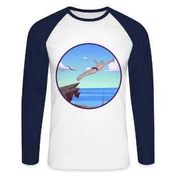 Retro Graphic Cliff Diver Cliff Diving Tombstoning - Unisex Long Sleeve Baseball T-Shirt - white/navy - Front - Nik (191cm)