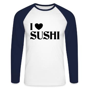 I love sushi - Unisex Long Sleeve Baseball T-Shirt - white/navy - Front - Nik (191cm)