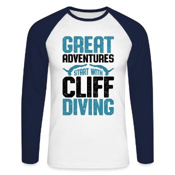 Great Adventures Start With Claff Diving Tombstoni - Unisex Long Sleeve Baseball T-Shirt - white/navy - Front - Nik (191cm)