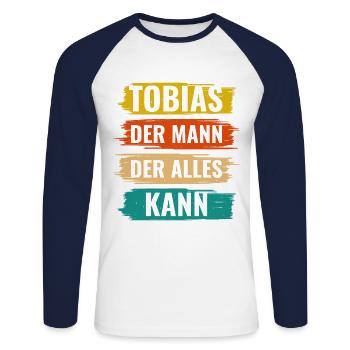 Tobias Der Mann Der Alles Kann Vorname Tobias - Unisex Baseballshirt langarm - Weiß/Navy - Vorne - Nik (191cm)