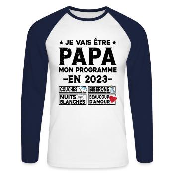 Je vais être papa mon programme en 2023 - T-shirt baseball manches longues Homme - blanc/marine - Devant - Nik (191cm)