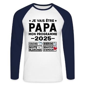 Je vais être papa mon programme en 2025 - T-shirt baseball manches longues Homme - blanc/marine - Devant - Nik (191cm)