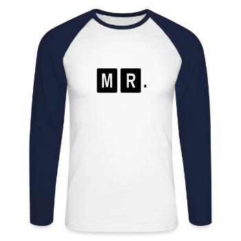 Mr Mrs Teamshirt - Unisex Baseballshirt langarm - Weiß/Navy - Vorne - Nik (191cm)