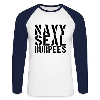 Burpees Shirt - Unisex Long Sleeve Baseball T-Shirt - white/navy - Front - Nik (191cm)