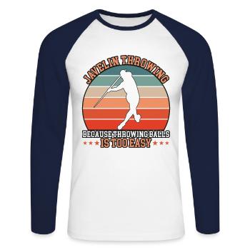 Speerwurf Because Throwing Balls - Unisex Baseballshirt langarm - Weiß/Navy - Vorne - Nik (191cm)