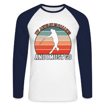 Ma lance appelle les lanceurs de javelot - T-shirt baseball manches longues Homme - blanc/marine - Devant - Nik (191cm)
