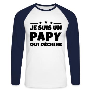 Je suis un papy qui déchire - T-shirt baseball manches longues Homme - blanc/marine - Devant - Nik (191cm)