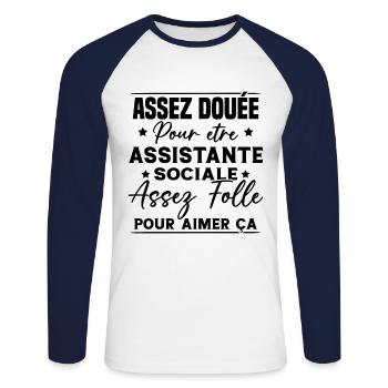 Assistante Sociale Humour Métier Idée Cadeau Femme - T-shirt baseball manches longues Homme - blanc/marine - Devant - Nik (191cm)