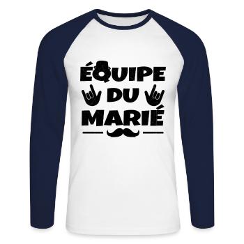 Équipe du Marié EVG Humour Enterrement de vie - T-shirt baseball manches longues Homme - blanc/marine - Devant - Nik (191cm)