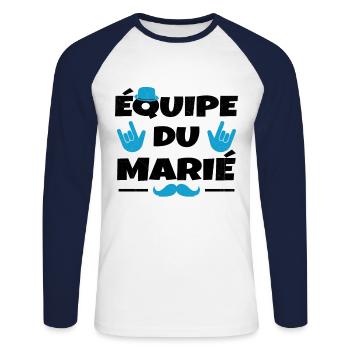 Équipe du Marié EVG Humour Enterrement de vie - T-shirt baseball manches longues Homme - blanc/marine - Devant - Nik (191cm)