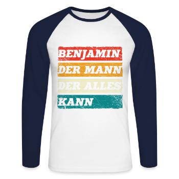 Benjamin Der Mann Der Alles Kann Vorname Benjamin - Unisex Baseballshirt langarm - Weiß/Navy - Vorne - Nik (191cm)