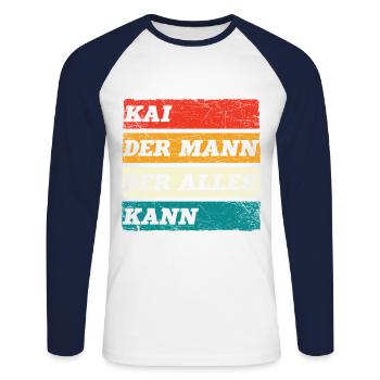 Kai Der Mann Der Alles Kann Vorname Kai - Unisex Baseballshirt langarm - Weiß/Navy - Vorne - Nik (191cm)