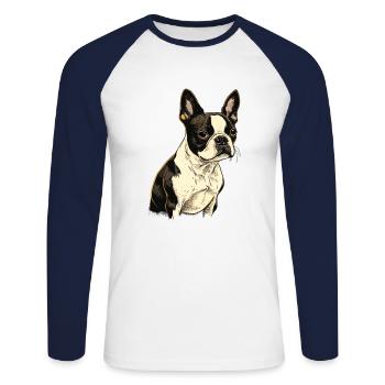 Boston Terrier - T-shirt baseball manches longues Homme - blanc/marine - Devant - Nik (191cm)