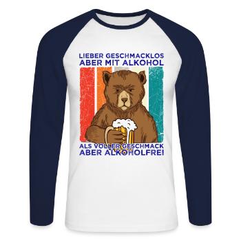 Geschmacklos Alkohol als Alkoholfrei Bär mit Bier - Unisex Baseballshirt langarm - Weiß/Navy - Vorne - Nik (191cm)