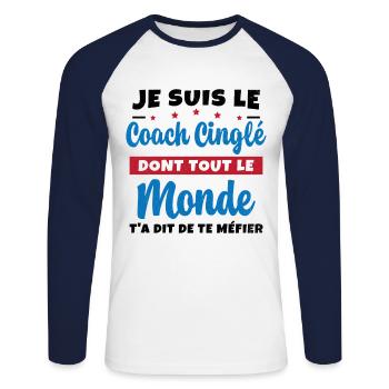 Coach Cinglé Humour Coaching Sportif Cadeau - T-shirt baseball manches longues Homme - blanc/marine - Devant - Nik (191cm)