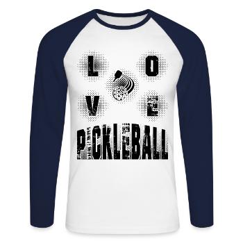 « J’adore le pickleball » - T-shirt baseball manches longues Homme - blanc/marine - Devant - Nik (191cm)