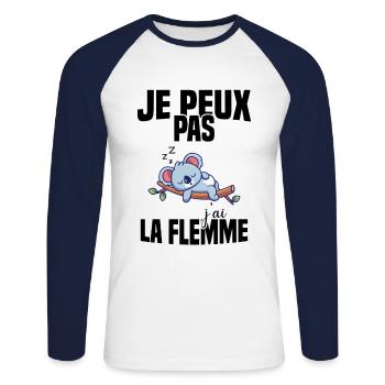 Je Peux Pas J'ai La Flemme - T-shirt baseball manches longues Homme - blanc/marine - Devant - Nik (191cm)