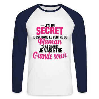 Tu as deviné je vais être grande soeur Humour - T-shirt baseball manches longues Homme - blanc/marine - Devant - Nik (191cm)