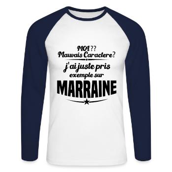 Mauvais Caractère Marraine - T-shirt baseball manches longues Homme - blanc/marine - Devant - Nik (191cm)