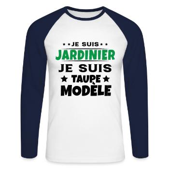 Je suis jardinier Je suis Taupe Modèle Humour - T-shirt baseball manches longues Homme - blanc/marine - Devant - Nik (191cm)