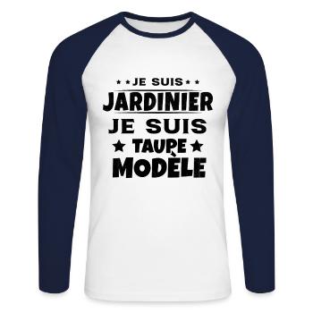 Je suis jardinier Je suis Taupe Modèle Humour - T-shirt baseball manches longues Homme - blanc/marine - Devant - Nik (191cm)
