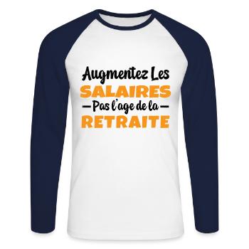Augmentez les salaires pas l'Age de la Retraite - T-shirt baseball manches longues Homme - blanc/marine - Devant - Nik (191cm)