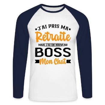 J'ai Un Nouveau Boss Mon chat Humour Cadeau - T-shirt baseball manches longues Homme - blanc/marine - Devant - Nik (191cm)