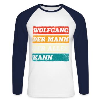 Wolfgang Der Mann Der Alles Kann Vorname Wolfgang - Unisex Baseballshirt langarm - Weiß/Navy - Vorne - Nik (191cm)