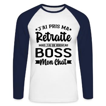 J'ai Un Nouveau Boss Mon chat Humour Cadeau - T-shirt baseball manches longues Homme - blanc/marine - Devant - Nik (191cm)
