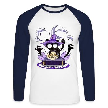 Magic Cat Ghosts Summoning Cats Magic Book - Unisex Long Sleeve Baseball T-Shirt - white/navy - Front - Nik (191cm)