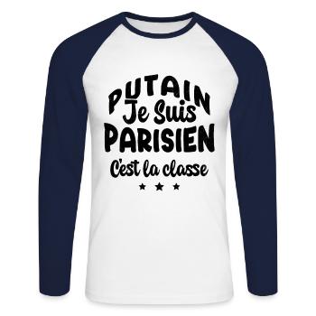 je suis parisien c'est la classe - T-shirt baseball manches longues Homme - blanc/marine - Devant - Nik (191cm)