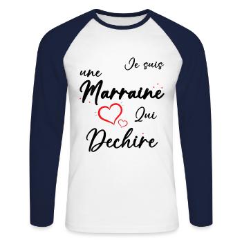 Je suis une Marraine qui Dechire Humour Cadeau - T-shirt baseball manches longues Homme - blanc/marine - Devant - Nik (191cm)