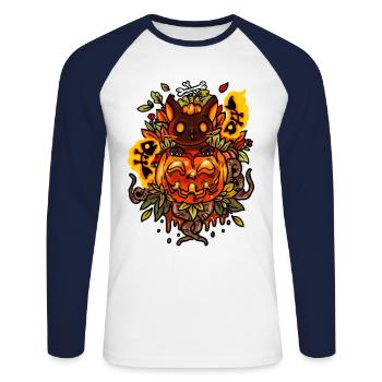 Cat from creepy Halloween pumpkin with ghosts - Unisex Long Sleeve Baseball T-Shirt - white/navy - Front - Nik (191cm)